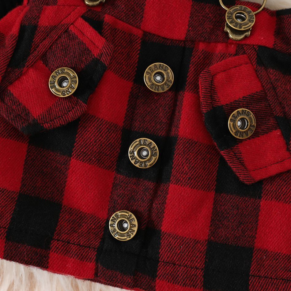 3pcs Baby Girl 95% Cotton Rib Knit Spliced Dots Mesh Long-sleeve Romper and Red Plaid Suspender Skirt with Headband Set Red big image 8