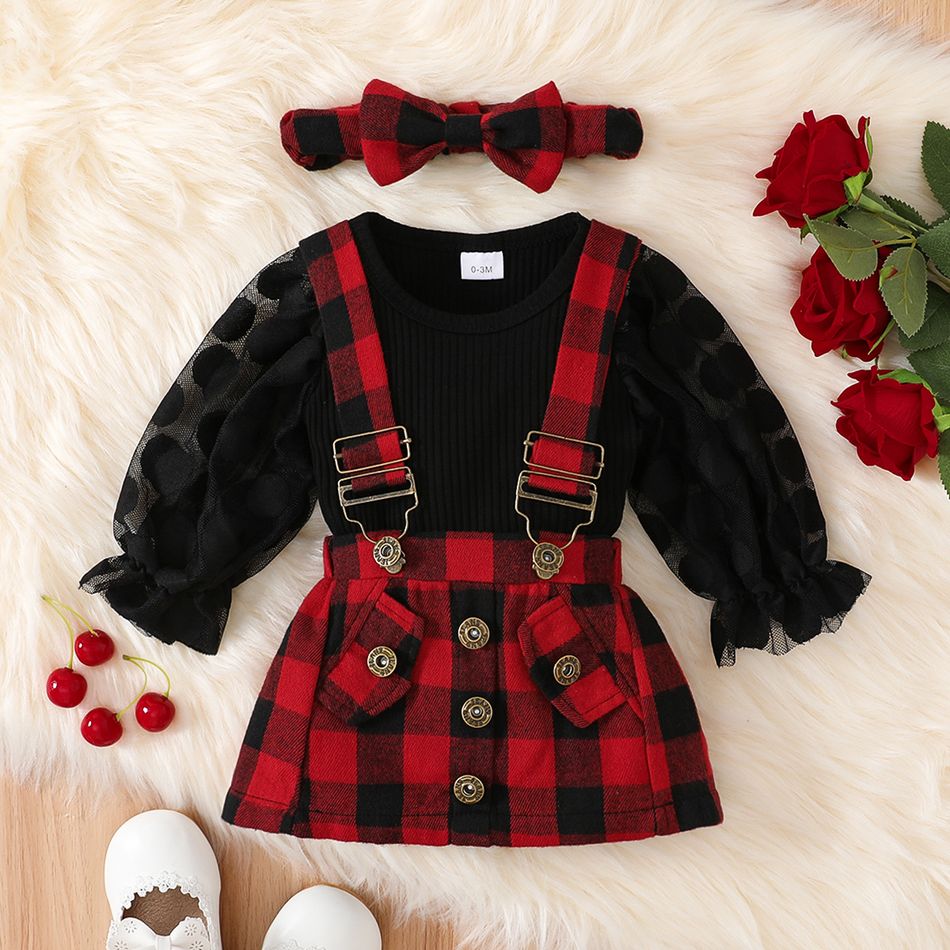 3pcs Baby Girl 95% Cotton Rib Knit Spliced Dots Mesh Long-sleeve Romper and Red Plaid Suspender Skirt with Headband Set Red big image 1