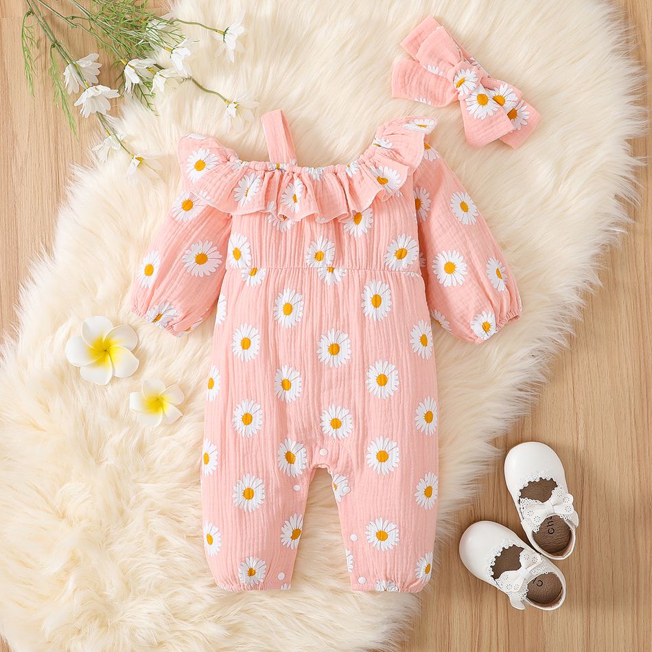 100% Cotton Crepe 2pcs Baby Girl Allover Daisy Floral Print One Shoulder Ruffle Trim Long-sleeve Jumpsuit with Headband Set Pink big image 2