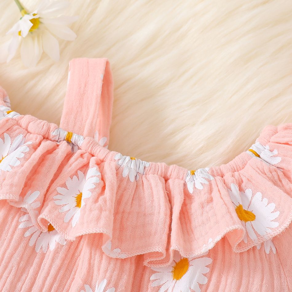 100% Cotton Crepe 2pcs Baby Girl Allover Daisy Floral Print One Shoulder Ruffle Trim Long-sleeve Jumpsuit with Headband Set Pink big image 3