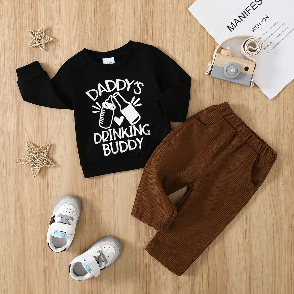 2pcs Baby Boy Milk & Beer Bottle and Letter Print Long-sleeve Sweatshirt with Solid Corduroy Pants Set Brown