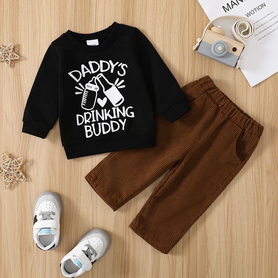 2pcs Baby Boy Milk & Beer Bottle and Letter Print Long-sleeve Sweatshirt with Solid Corduroy Pants Set Brown big image 2