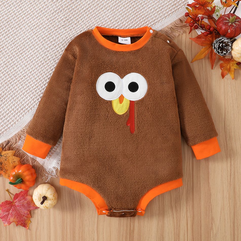 Thanksgiving Day Baby Boy/Girl Turkey Graphic Long-sleeve Fleece Romper Brown big image 2