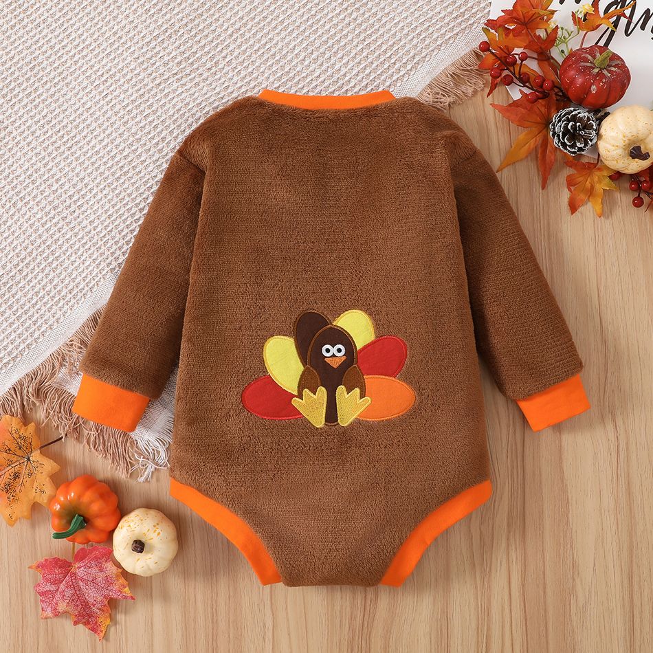 Thanksgiving Day Baby Boy/Girl Turkey Graphic Long-sleeve Fleece Romper Brown big image 3