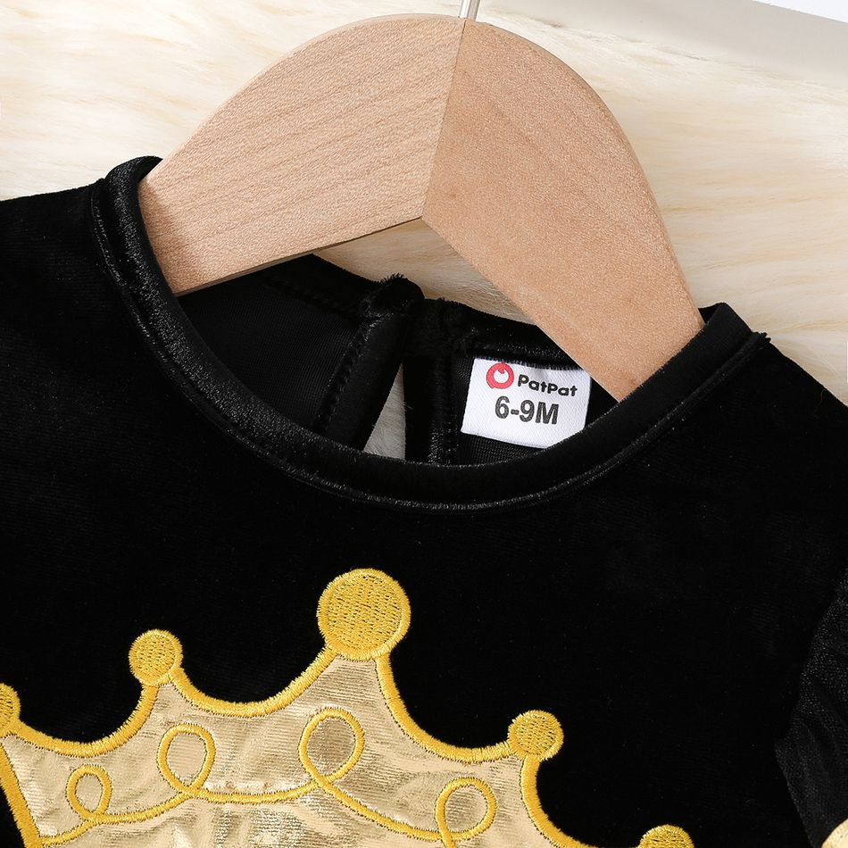 Baby Girl Crown Embroidered Black Velvet Long-sleeve Spliced Mesh Party Dress Black big image 2