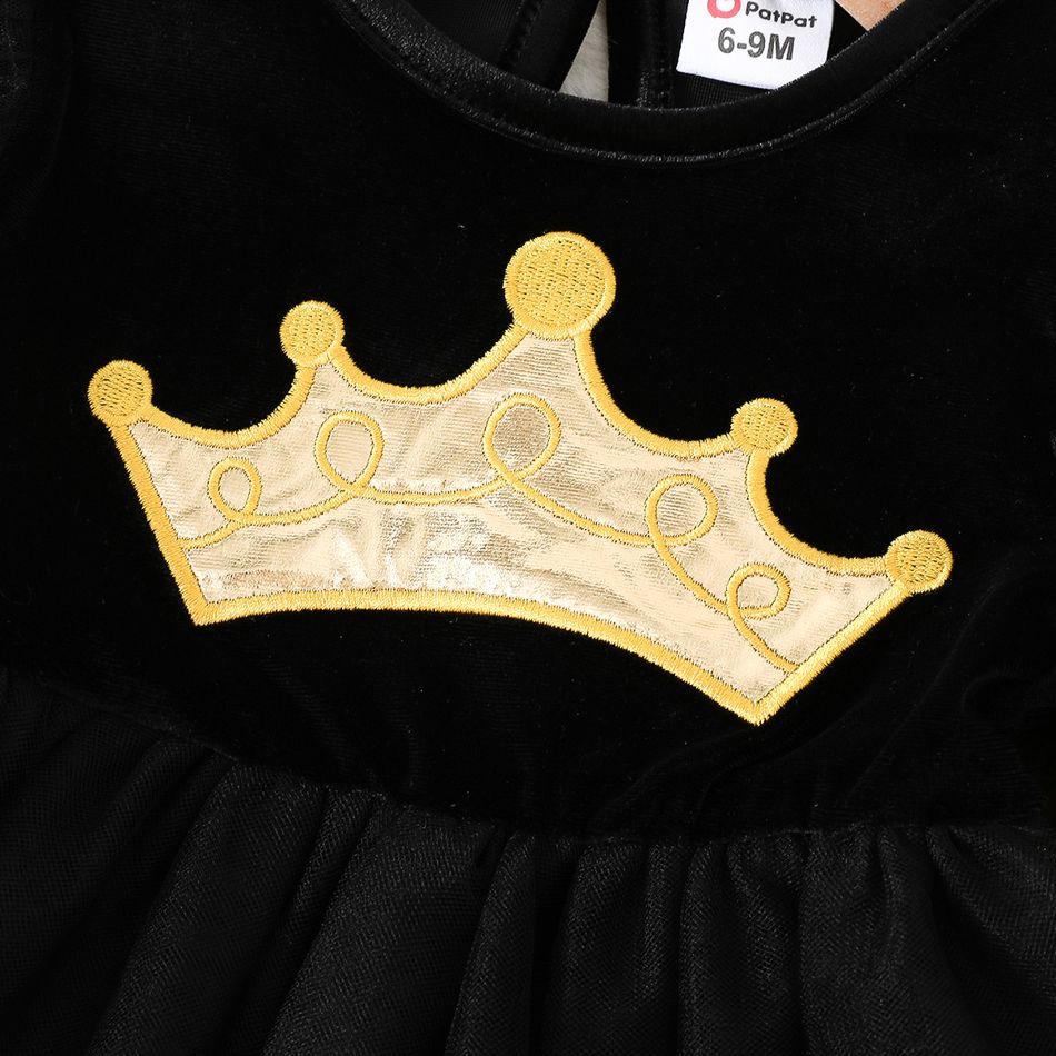Baby Girl Crown Embroidered Black Velvet Long-sleeve Spliced Mesh Party Dress Black big image 3
