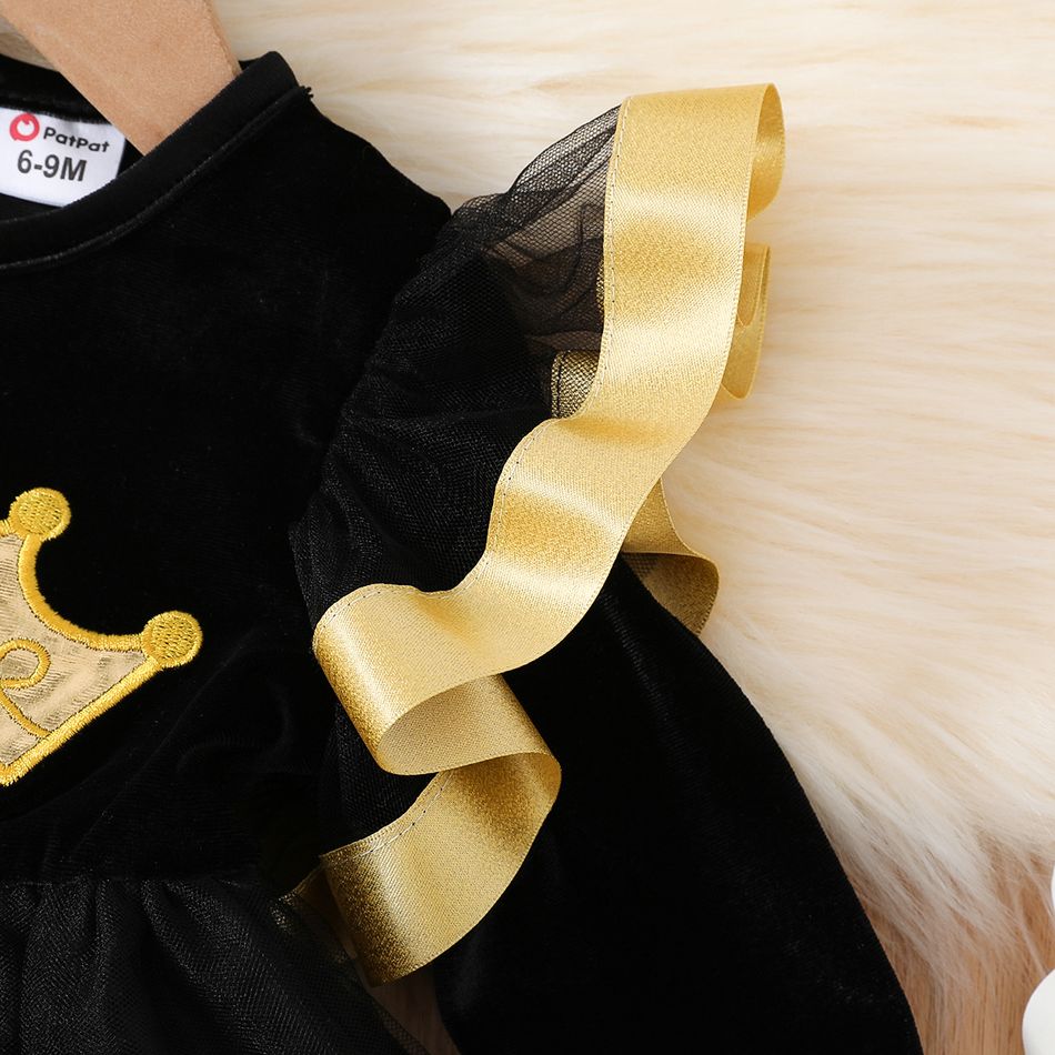 Baby Girl Crown Embroidered Black Velvet Long-sleeve Spliced Mesh Party Dress Black big image 4