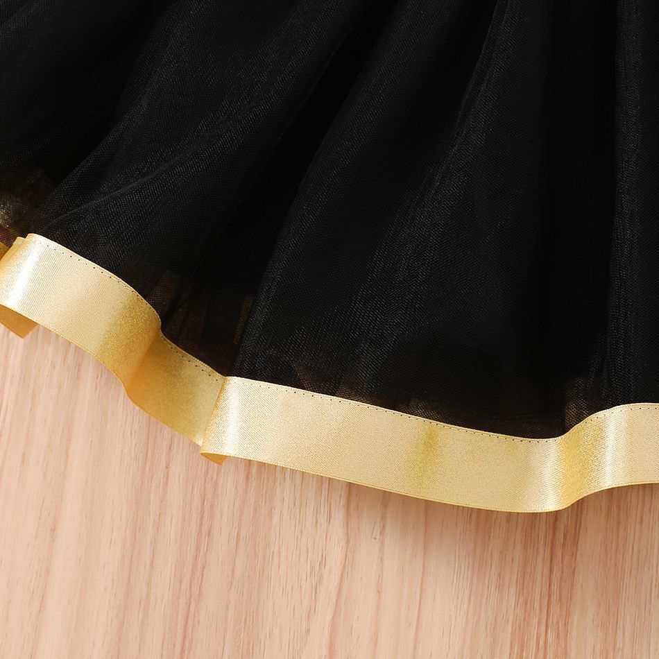 Baby Girl Crown Embroidered Black Velvet Long-sleeve Spliced Mesh Party Dress Black big image 5