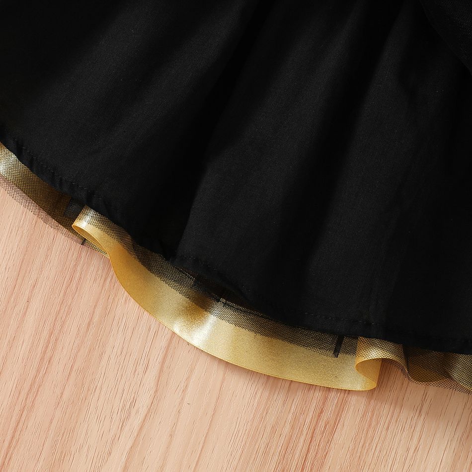 Baby Girl Crown Embroidered Black Velvet Long-sleeve Spliced Mesh Party Dress Black big image 6
