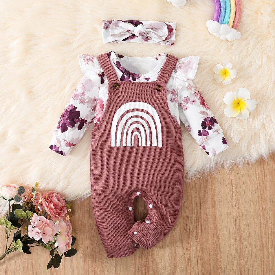 3pcs Baby Girl Allover Floral Print Ruffle Long-sleeve Romper and Rainbow Graphic Waffle Overalls with Headband Set Pink big image 3