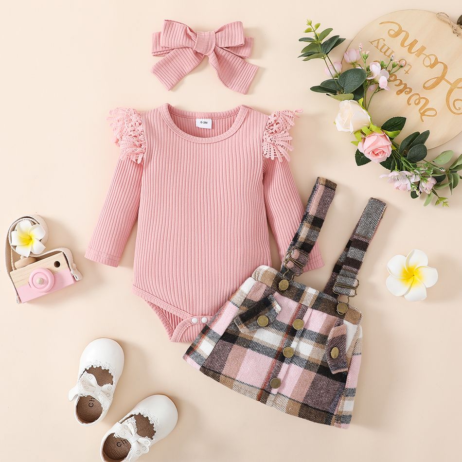 3pcs Baby Girl 95% Cotton Rib Knit Spliced Lace Long-sleeve Romper and Plaid Suspender Skirt with Headband Set Pink big image 2