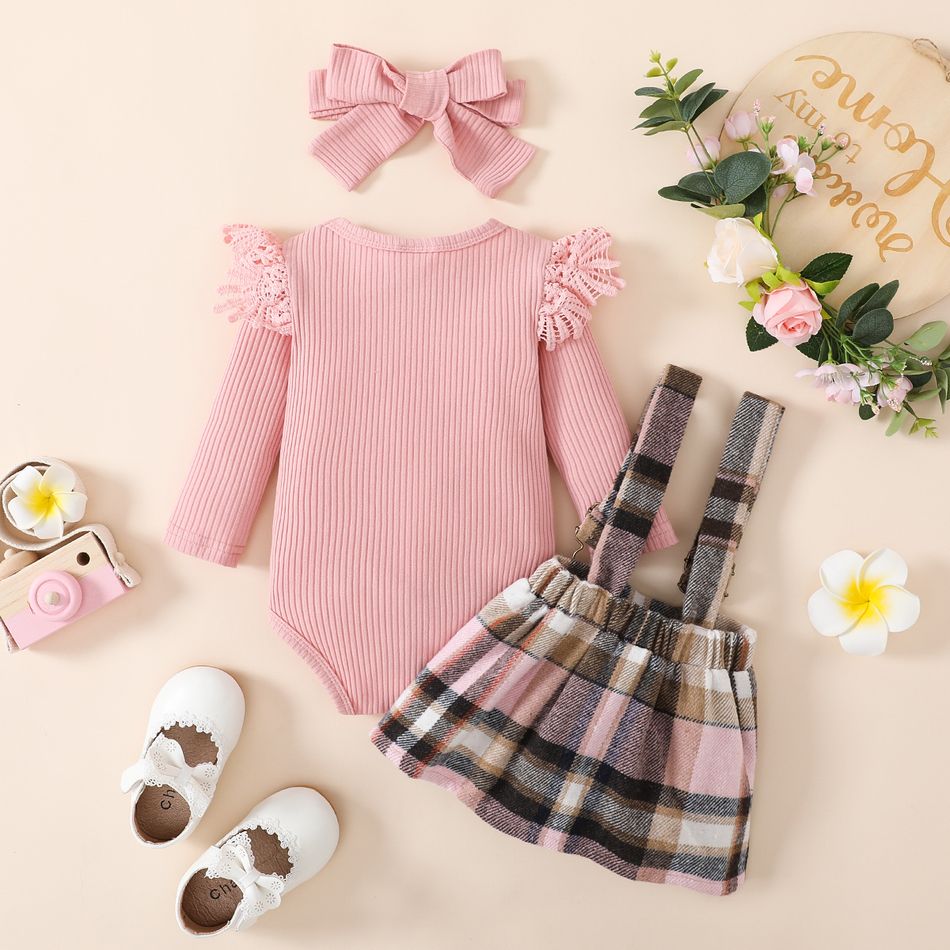 3pcs Baby Girl 95% Cotton Rib Knit Spliced Lace Long-sleeve Romper and Plaid Suspender Skirt with Headband Set Pink big image 3