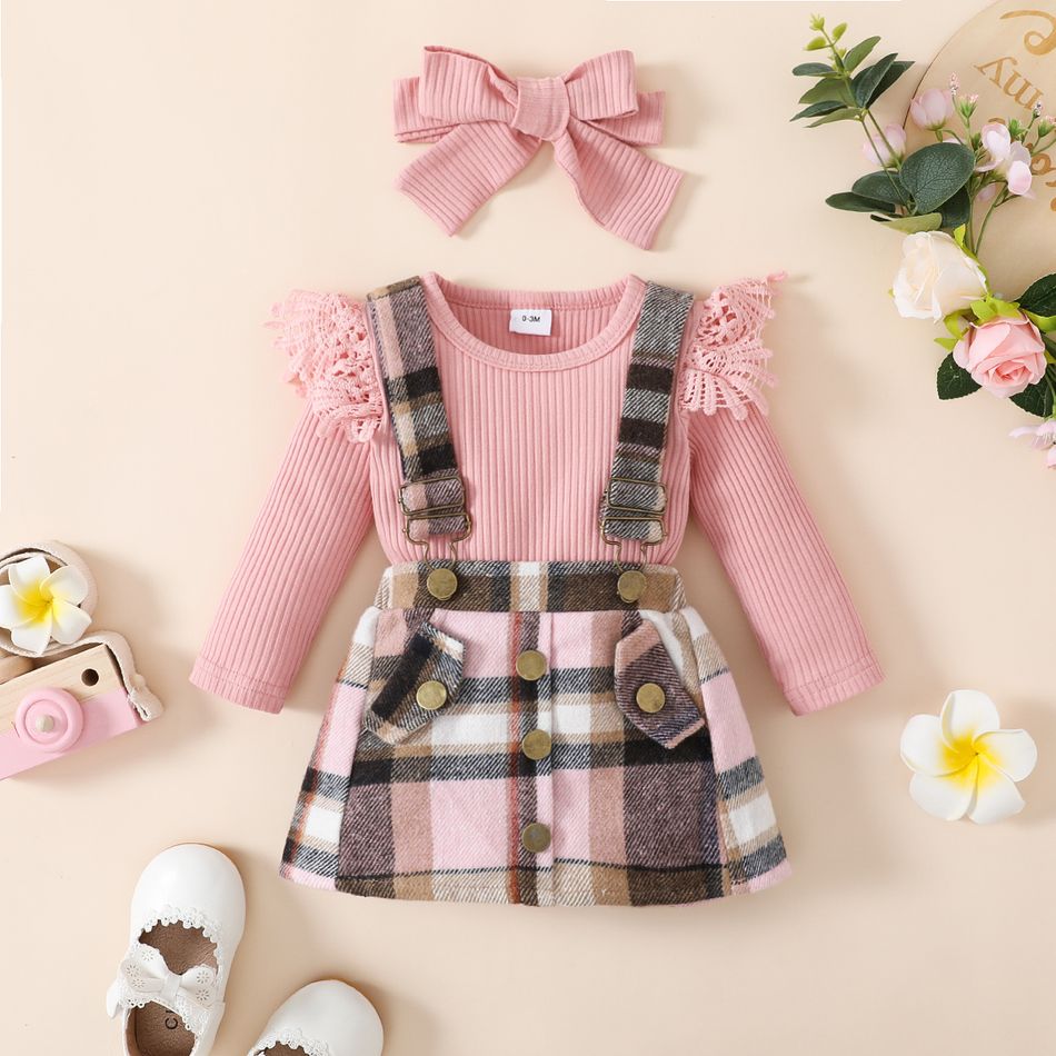 3pcs Baby Girl 95% Cotton Rib Knit Spliced Lace Long-sleeve Romper and Plaid Suspender Skirt with Headband Set Pink big image 1