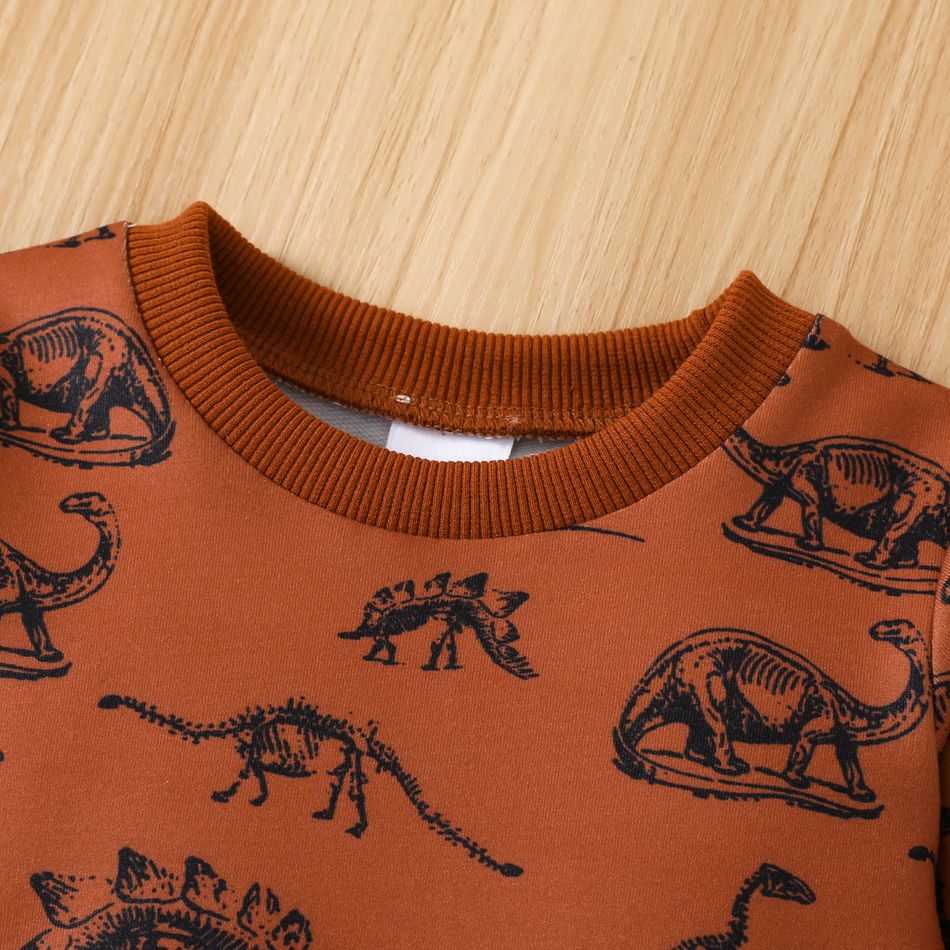 2pcs Baby Boy Allover Dinosaur Print Long-sleeve Sweatshirt and Sweatpants Set Brown big image 2