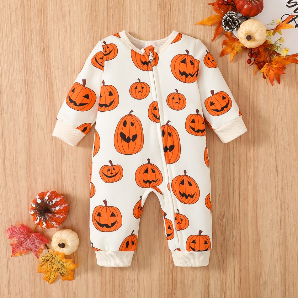 Halloween Baby Boy/Girl 95% Cotton Long-sleeve Allover Pumpkin Print Zipper Jumpsuit Beige