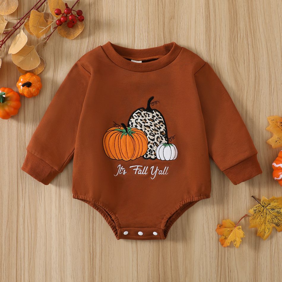 Halloween Baby Boy/Girl Pumpkin & Letter Embroidered Long-sleeve Romper Brown