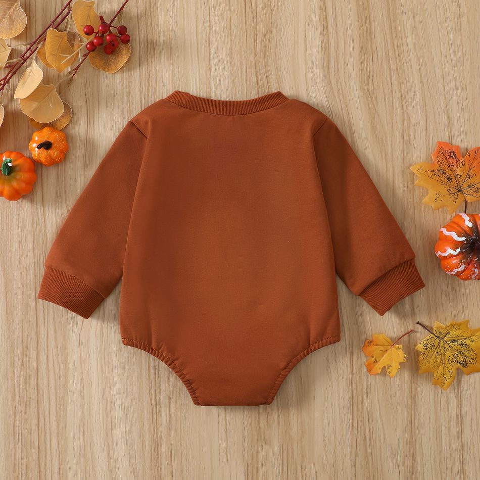 Halloween Baby Boy/Girl Pumpkin & Letter Embroidered Long-sleeve Romper Brown big image 2