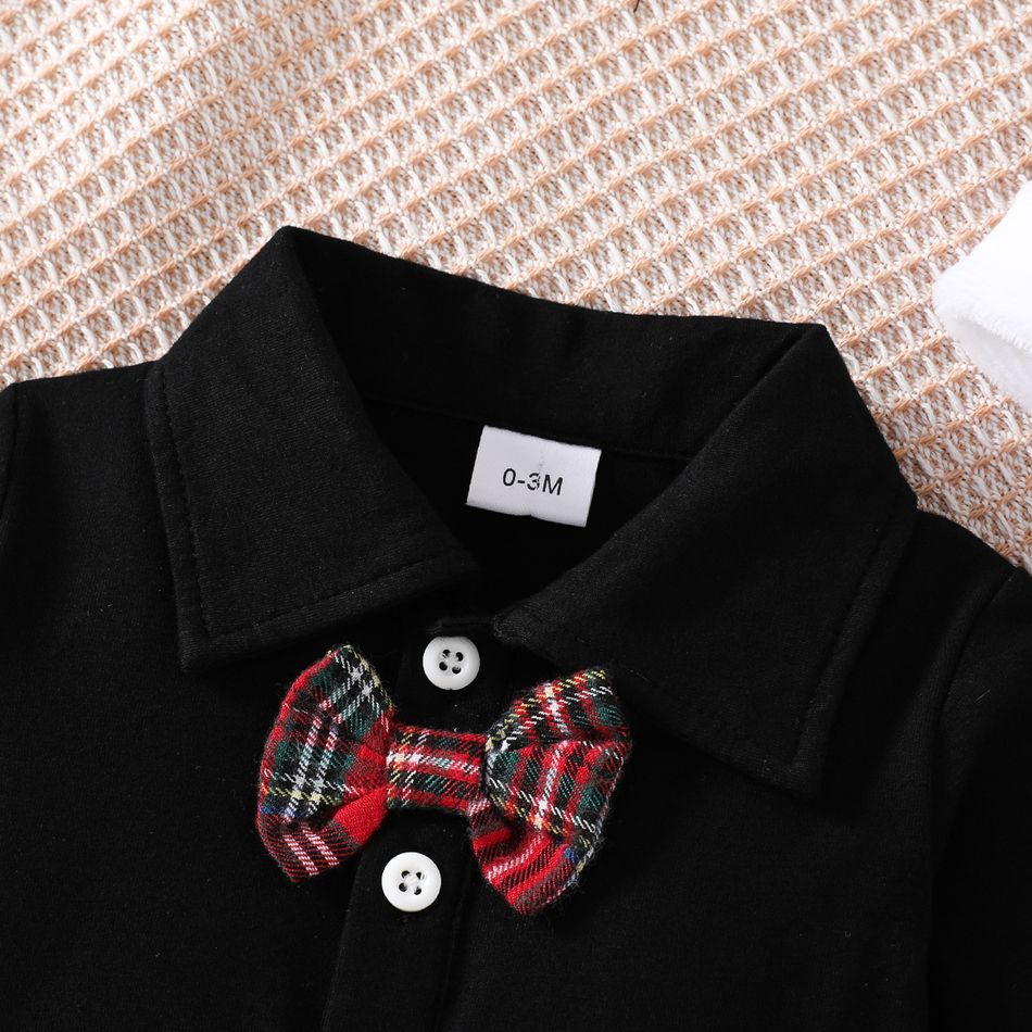Christmas 3pcs Baby Boy 95% Cotton Long-sleeve Bow Tie Romper and Red Plaid Spliced Waffle Suspender Pants with Hat Set Black big image 4