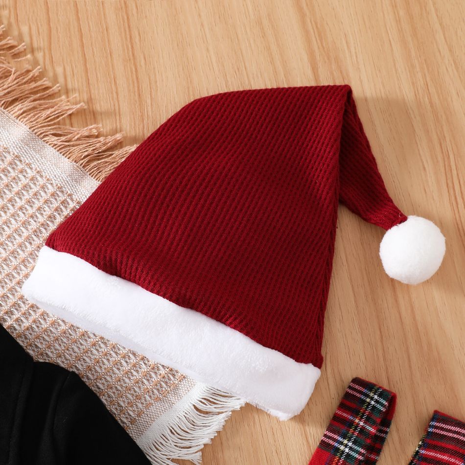 Christmas 3pcs Baby Boy 95% Cotton Long-sleeve Bow Tie Romper and Red Plaid Spliced Waffle Suspender Pants with Hat Set Black big image 8