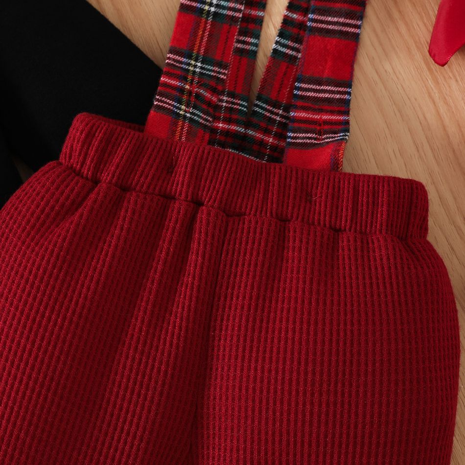 Christmas 3pcs Baby Boy 95% Cotton Long-sleeve Bow Tie Romper and Red Plaid Spliced Waffle Suspender Pants with Hat Set Black big image 6