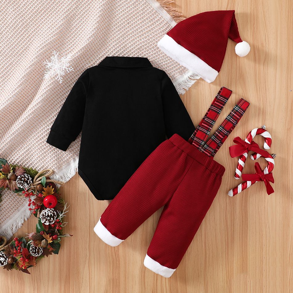 Christmas 3pcs Baby Boy 95% Cotton Long-sleeve Bow Tie Romper and Red Plaid Spliced Waffle Suspender Pants with Hat Set Black big image 2