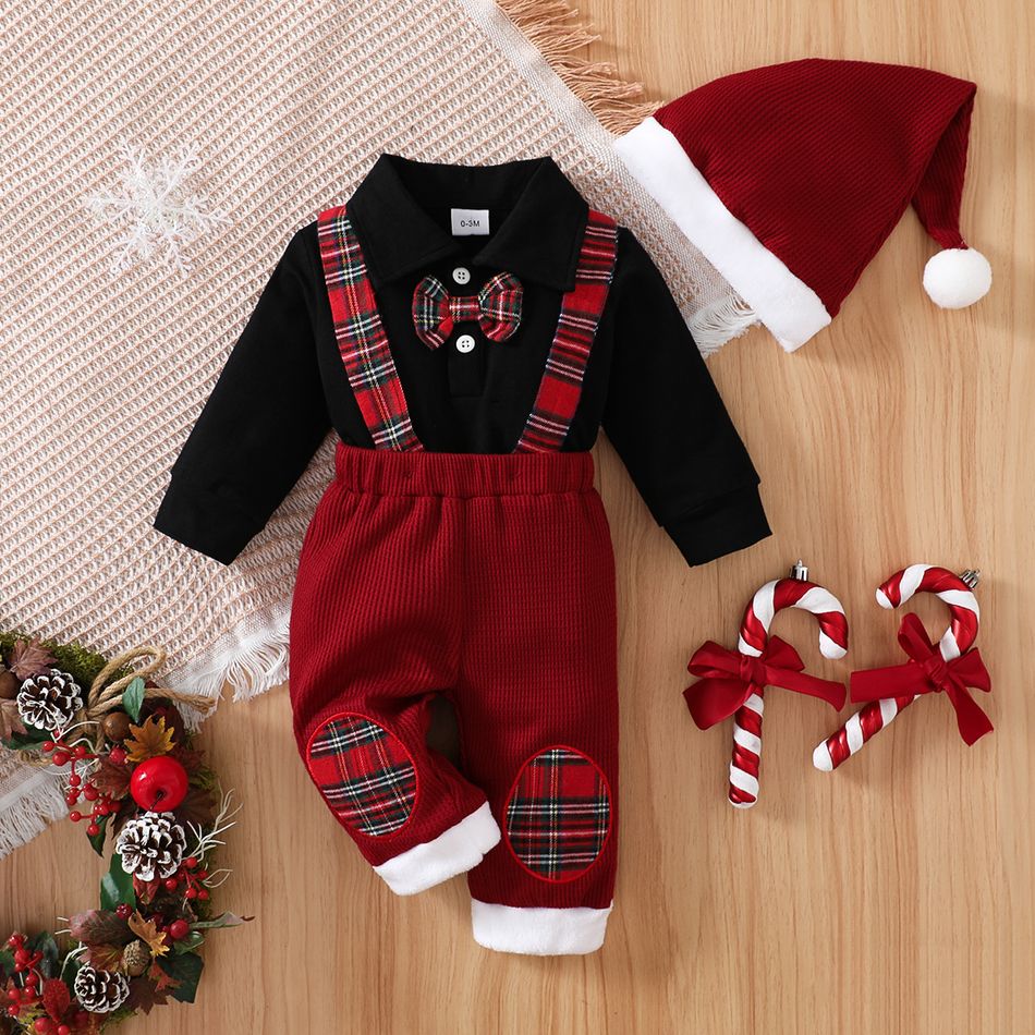 Christmas 3pcs Baby Boy 95% Cotton Long-sleeve Bow Tie Romper and Red Plaid Spliced Waffle Suspender Pants with Hat Set Black
