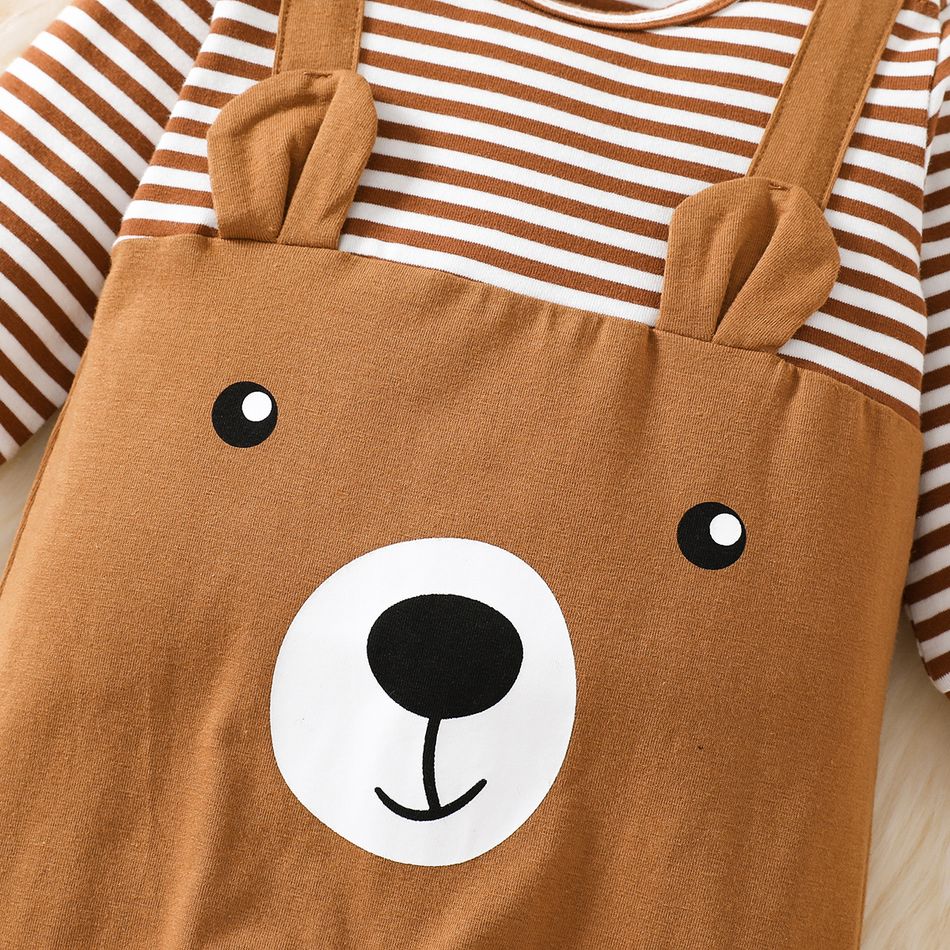 Baby Boy/Girl 95% Cotton Long-sleeve Striped Spliced Bear Print Jumpsuit Brown big image 5