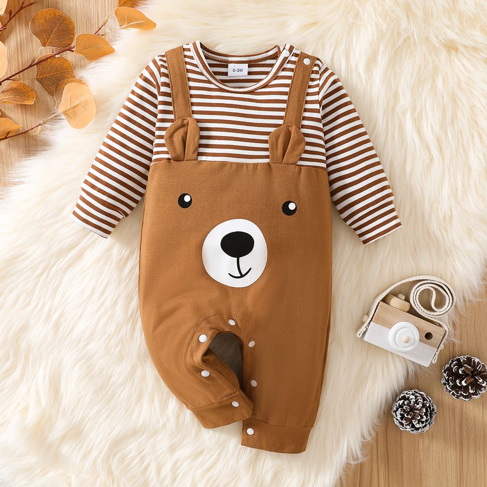 Baby Boy/Girl 95% Cotton Long-sleeve Striped Spliced Bear Print Jumpsuit Brown