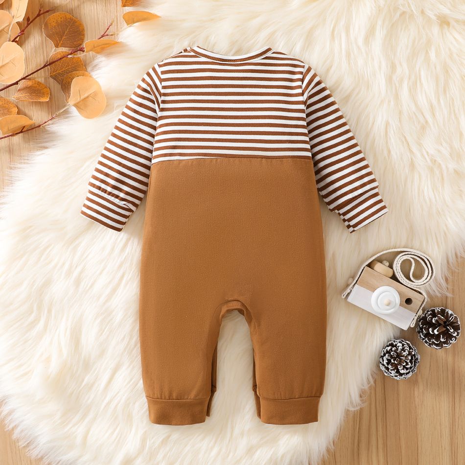 Baby Boy/Girl 95% Cotton Long-sleeve Striped Spliced Bear Print Jumpsuit Brown big image 2