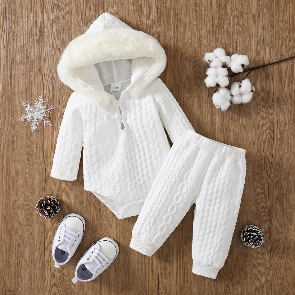 2pcs Baby Boy/Girl White Imitation Knitting Textured Spliced Faux Fur Hooded Long-sleeve Romper and Pants Set OffWhite big image 1