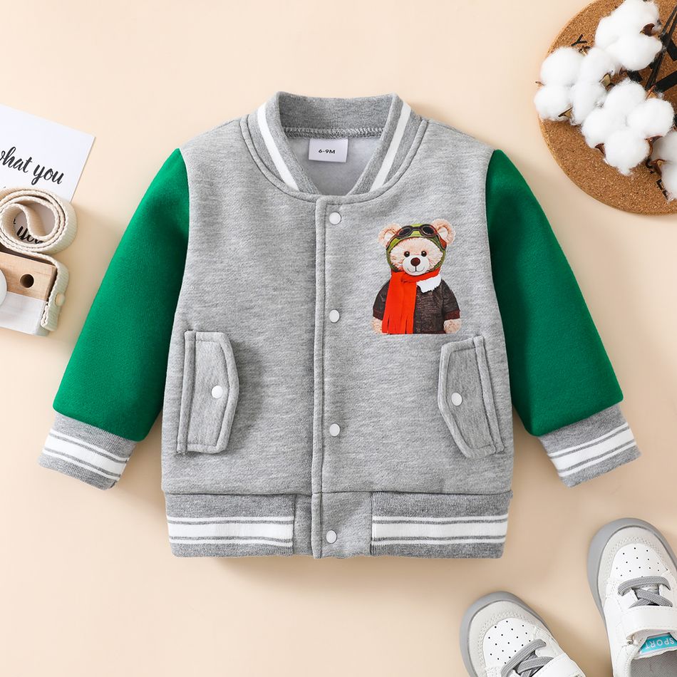 Baby Boy Bear Print Colorblock Long-sleeve Thermal Lined Jacket Grey big image 1