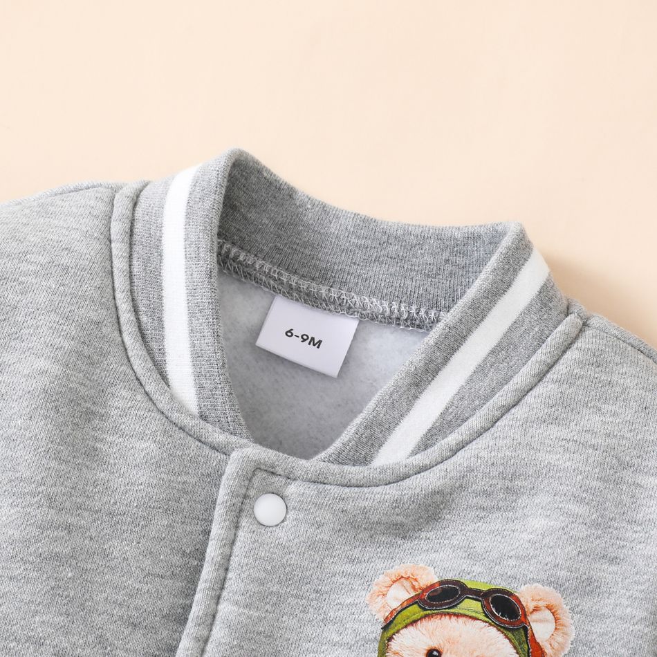Baby Boy Bear Print Colorblock Long-sleeve Thermal Lined Jacket Grey big image 3