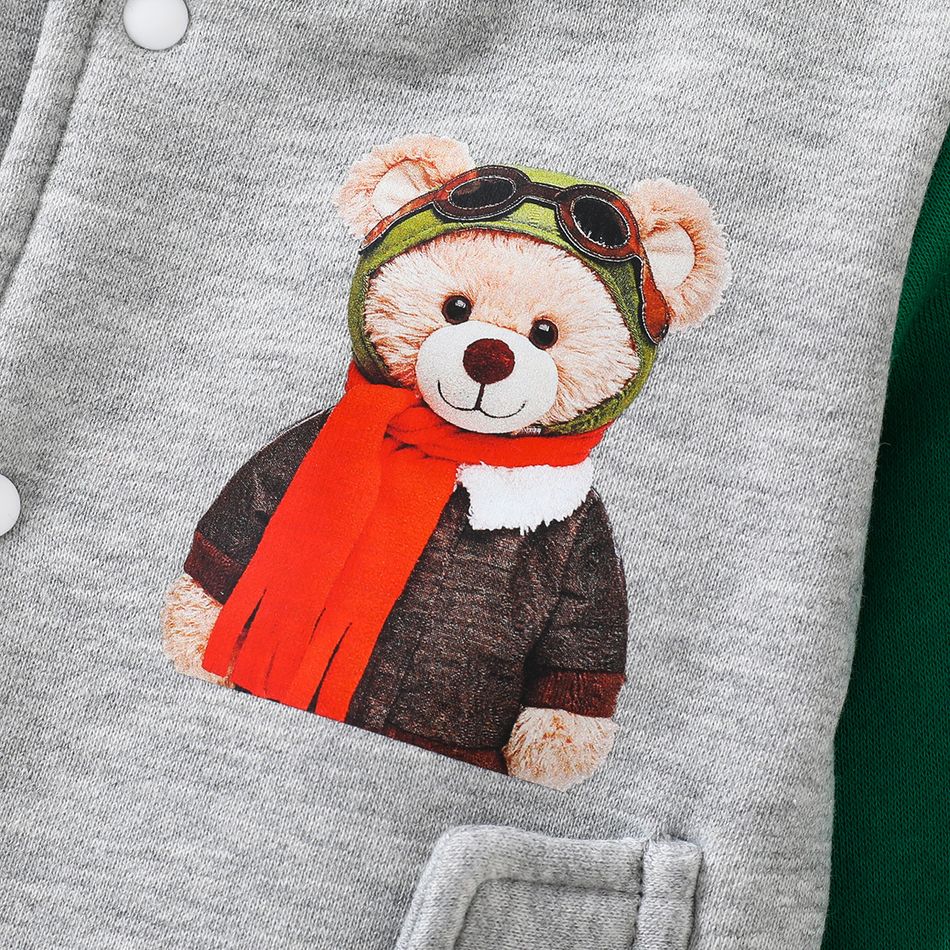 Baby Boy Bear Print Colorblock Long-sleeve Thermal Lined Jacket Grey big image 4