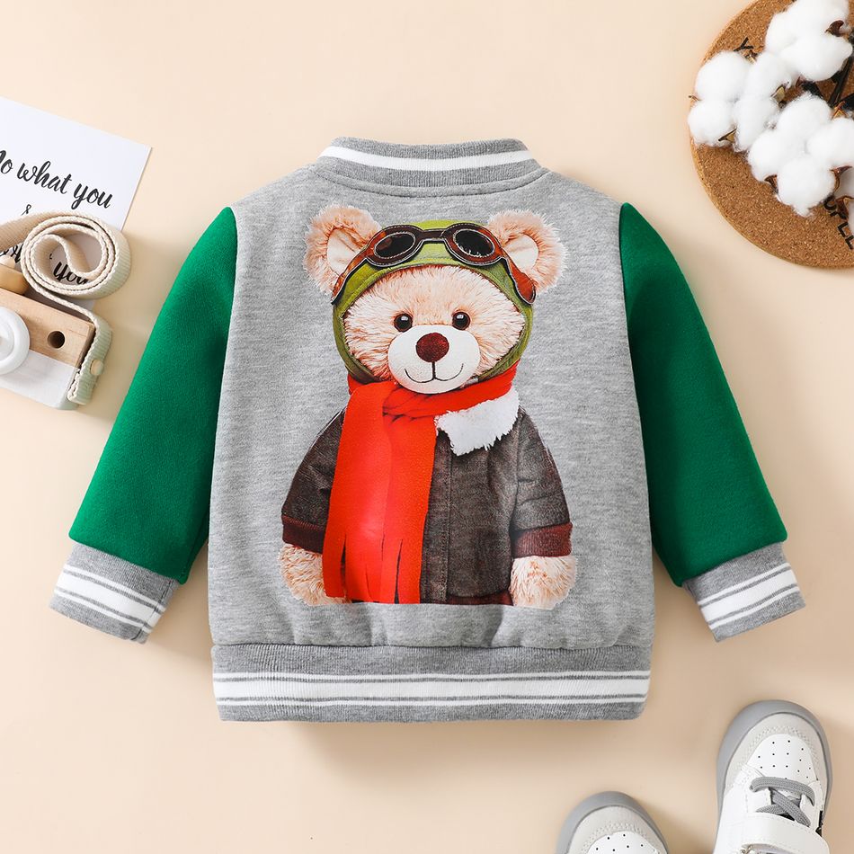 Baby Boy Bear Print Colorblock Long-sleeve Thermal Lined Jacket Grey big image 2