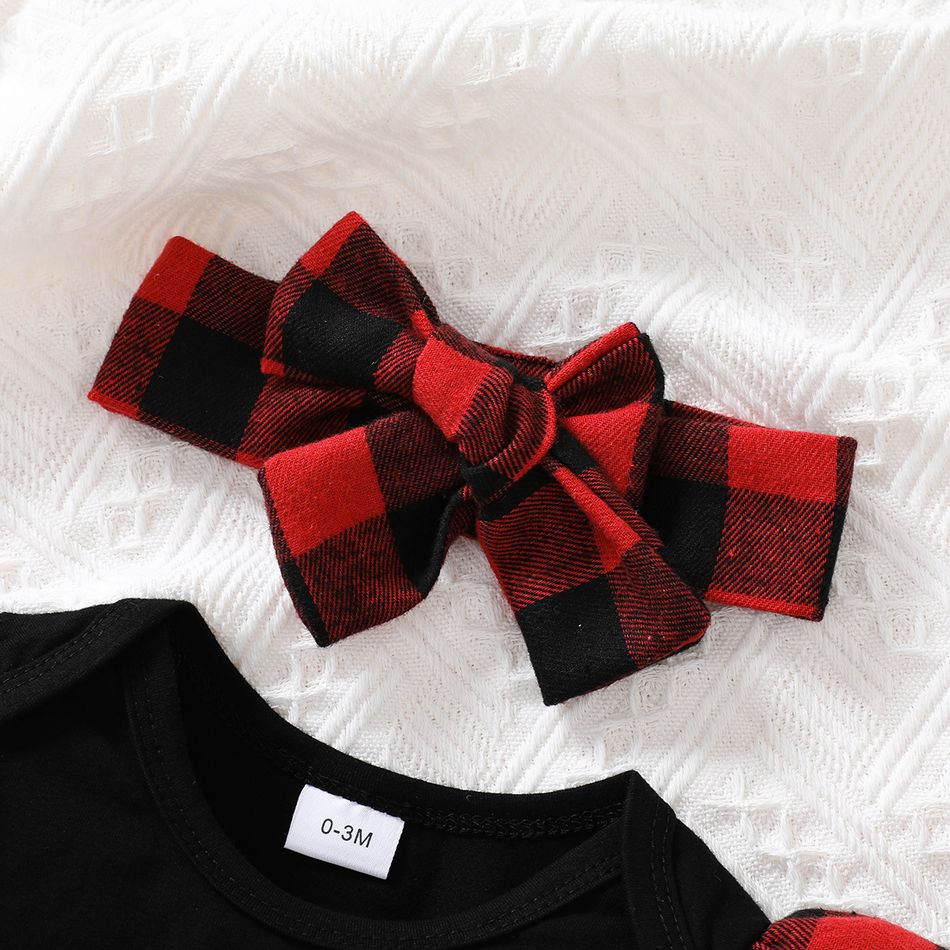 Christmas 3pcs Baby Girl 95% Cotton Ruffle Long-sleeve Graphic Black Romper and Plaid Spliced Pants with Headband Set Black big image 4