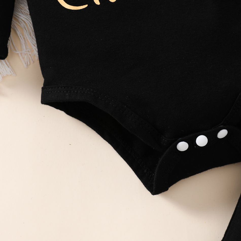 Christmas 3pcs Baby Girl 95% Cotton Ruffle Long-sleeve Graphic Black Romper and Plaid Spliced Pants with Headband Set Black big image 7