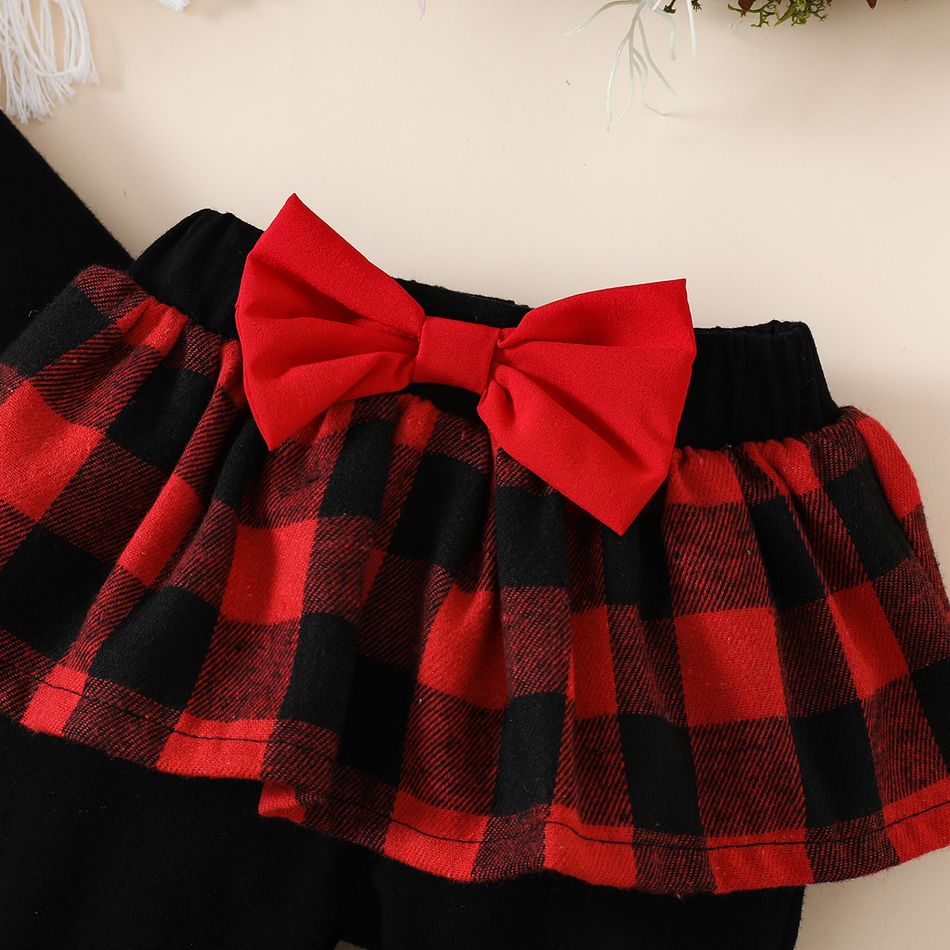 Christmas 3pcs Baby Girl 95% Cotton Ruffle Long-sleeve Graphic Black Romper and Plaid Spliced Pants with Headband Set Black