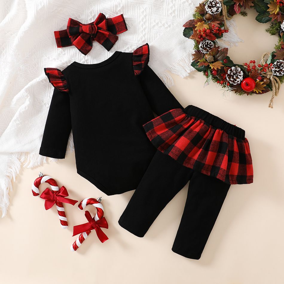Christmas 3pcs Baby Girl 95% Cotton Ruffle Long-sleeve Graphic Black Romper and Plaid Spliced Pants with Headband Set Black big image 2