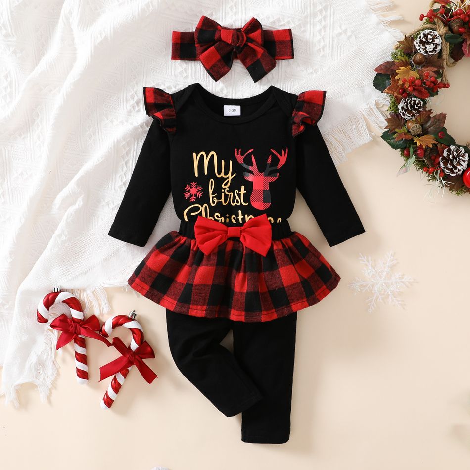 Christmas 3pcs Baby Girl 95% Cotton Ruffle Long-sleeve Graphic Black Romper and Plaid Spliced Pants with Headband Set Black big image 3