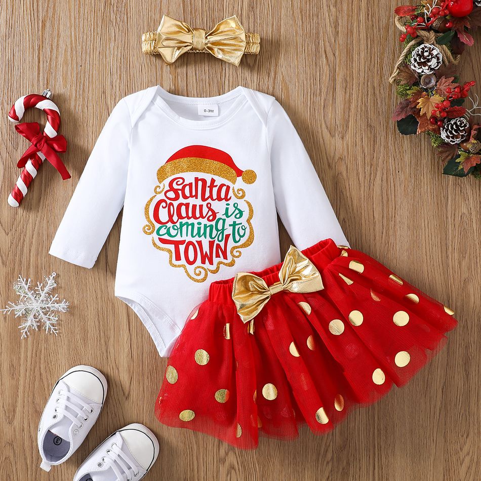 Christmas 3pcs Baby Girl 95% Cotton Long-sleeve Letter Print Romper and Polka Dot Mesh Skirt with Headband Set Red
