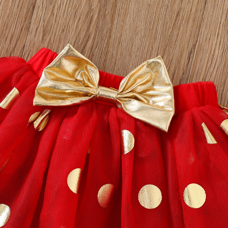 Christmas 3pcs Baby Girl 95% Cotton Long-sleeve Letter Print Romper and Polka Dot Mesh Skirt with Headband Set Red big image 7