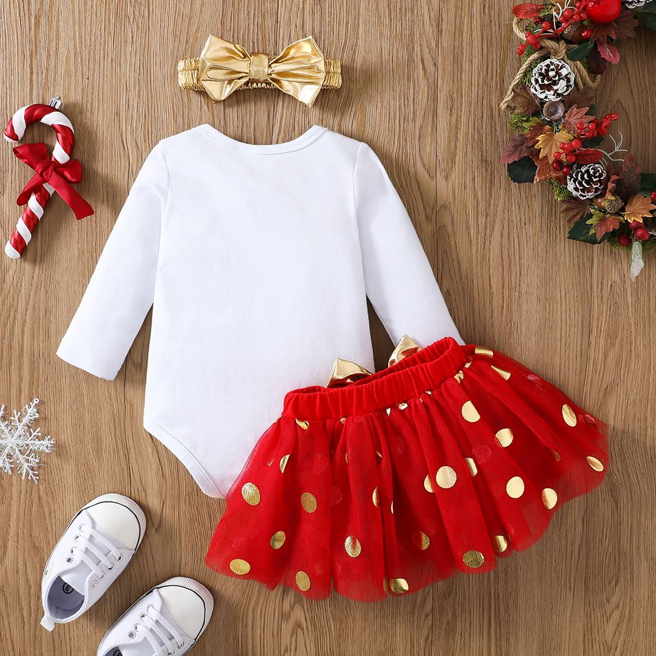 Christmas 3pcs Baby Girl 95% Cotton Long-sleeve Letter Print Romper and Polka Dot Mesh Skirt with Headband Set Red big image 2