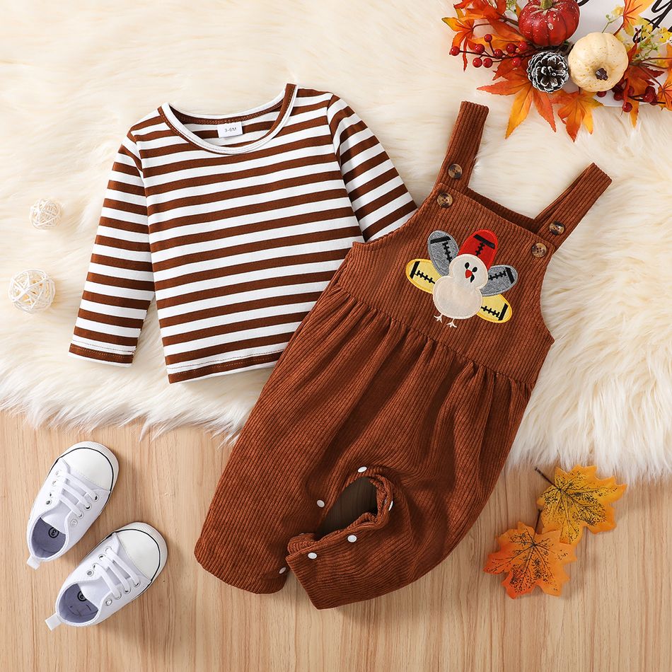 Thanksgiving Day 2pcs Baby Boy/Girl 95% Cotton Long-sleeve Striped T-shirt and Turkey Embroidered Corduroy Overalls Set Brown big image 2