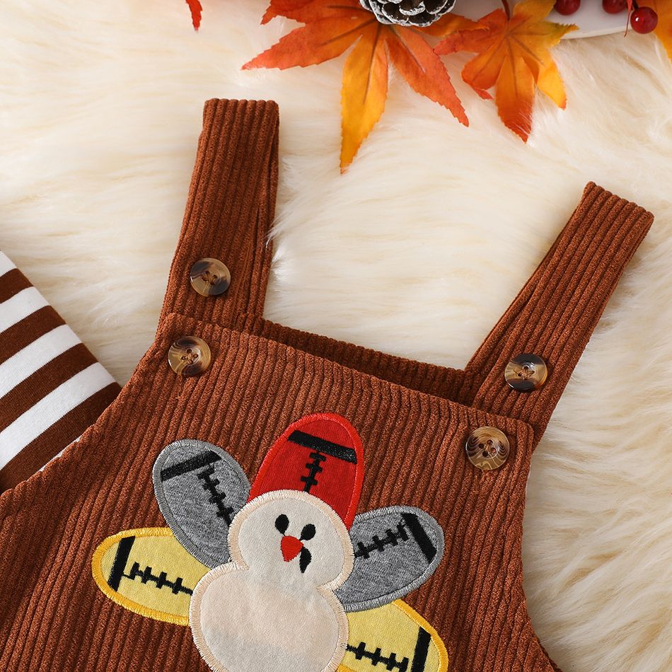 Thanksgiving Day 2pcs Baby Boy/Girl 95% Cotton Long-sleeve Striped T-shirt and Turkey Embroidered Corduroy Overalls Set Brown big image 6