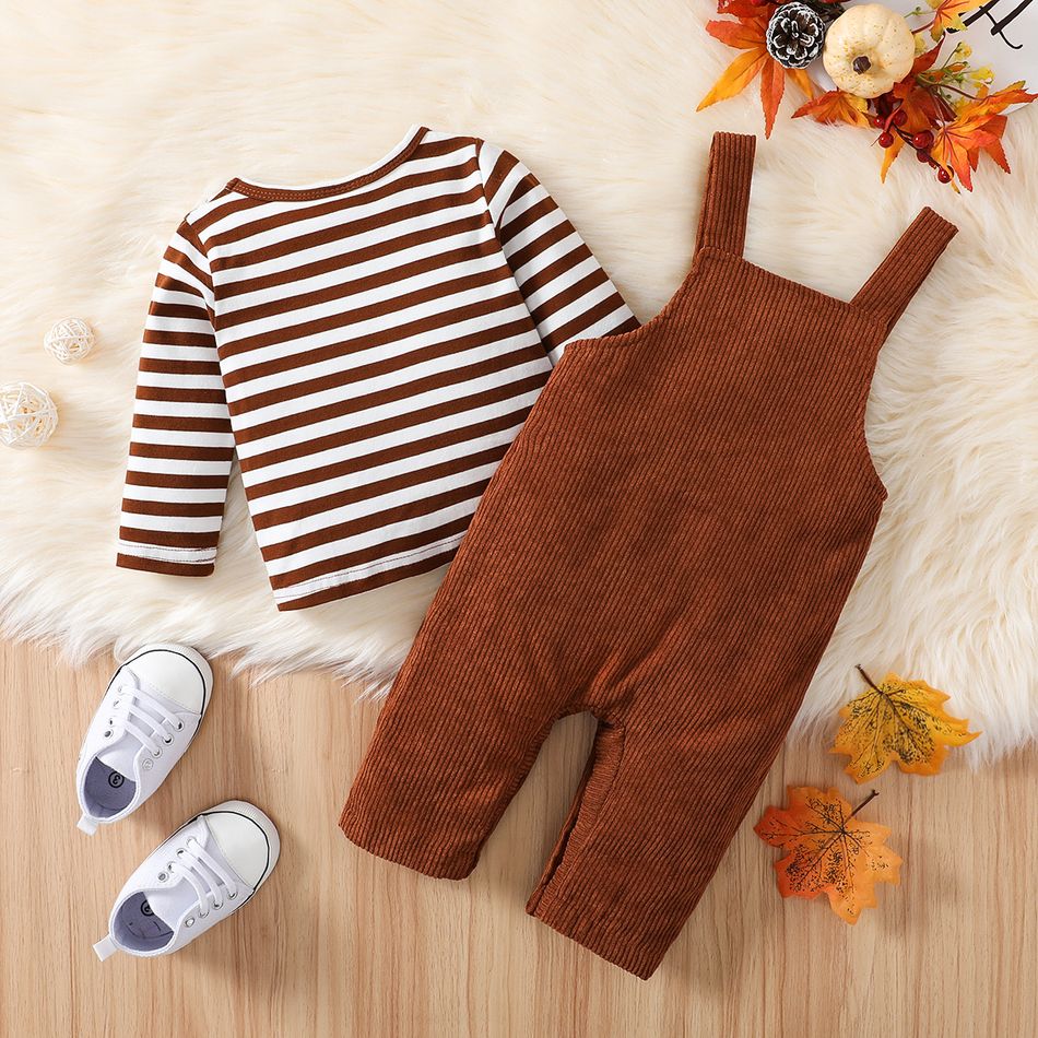 Thanksgiving Day 2pcs Baby Boy/Girl 95% Cotton Long-sleeve Striped T-shirt and Turkey Embroidered Corduroy Overalls Set Brown big image 3