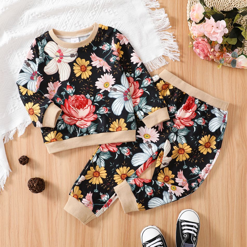 2pcs Toddler Girl Sweet Floral Print Sweatshirt and Pants Set Black big image 4