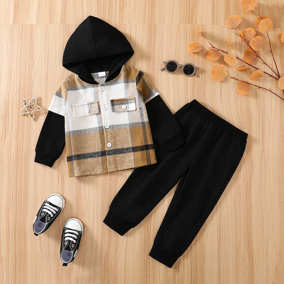 2pcs Toddler Boy Classic Faux-two Plaid Hoodie Sweatshirt and Black Pants Set Brown big image 2