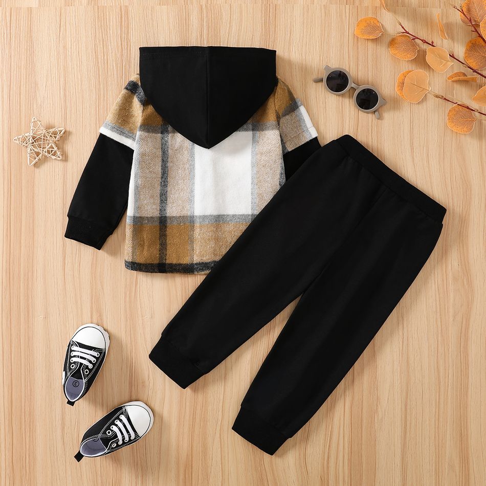 2pcs Toddler Boy Classic Faux-two Plaid Hoodie Sweatshirt and Black Pants Set Brown big image 3