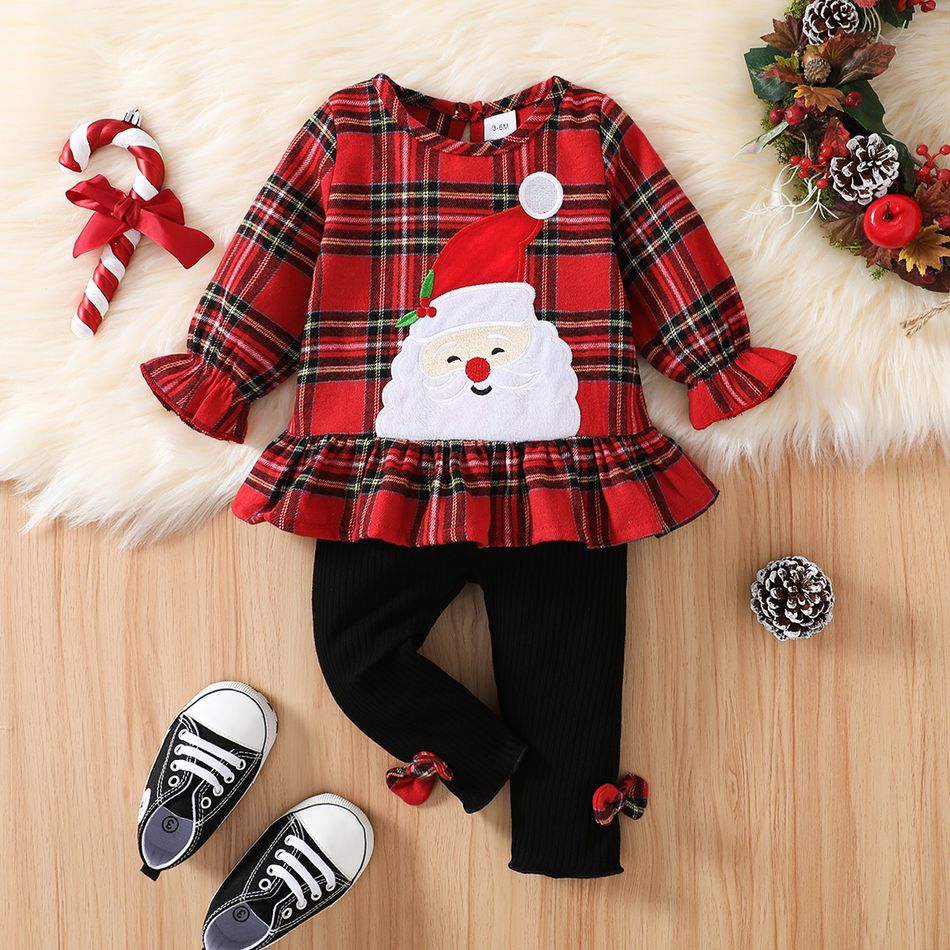 Christmas 2pcs Baby Girl 95% Cotton Rib Knit Bow Decor Leggings and Santa Embroidered Red Plaid Long-sleeve Ruffle Hem Top Set Red big image 3