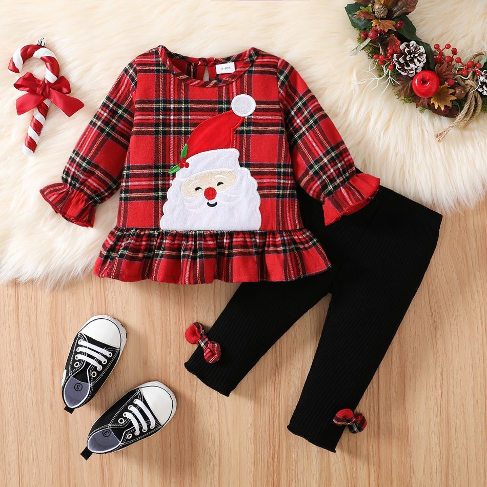 Christmas 2pcs Baby Girl 95% Cotton Rib Knit Bow Decor Leggings and Santa Embroidered Red Plaid Long-sleeve Ruffle Hem Top Set Red big image 1